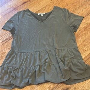 Olive Green V-Neck Ruffle Top